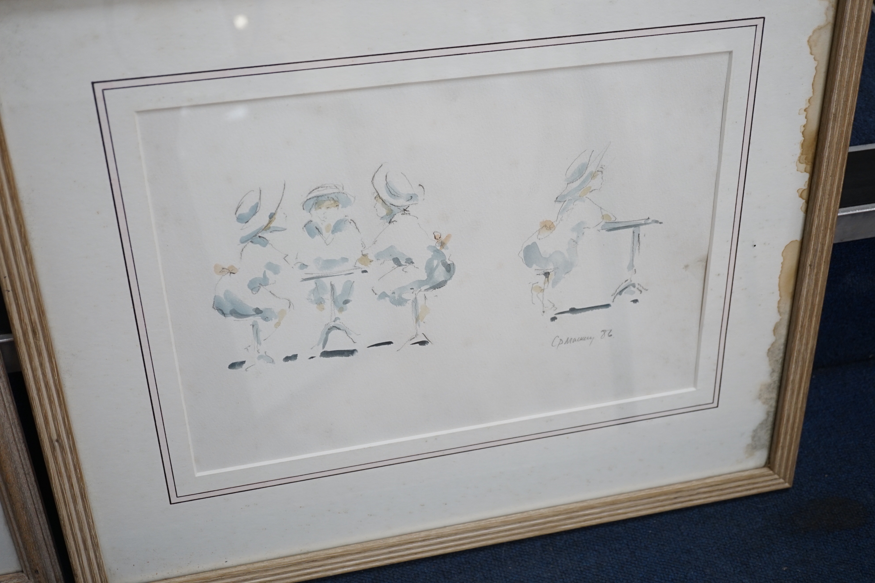 Charlie P. Mackesy (b.1962), three pencil and watercolour drawings, Ladies seated at tables, signed and dated '86, 24 x 25cm, 'Bedtime', dated '87, 29 x 16cm and 'Pyranees', dated '87, 28 x 18cm